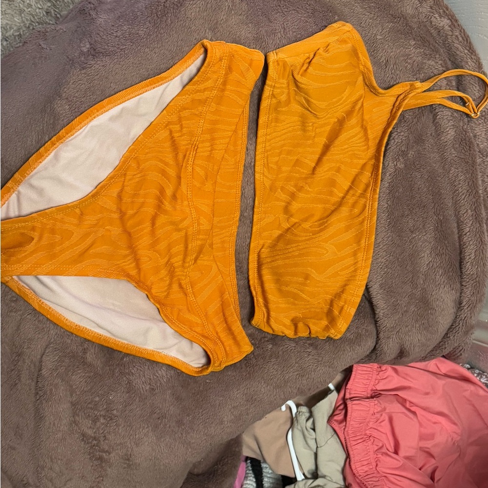 Vibrant Orange Bikini with Textured Fabric and Zipper Front